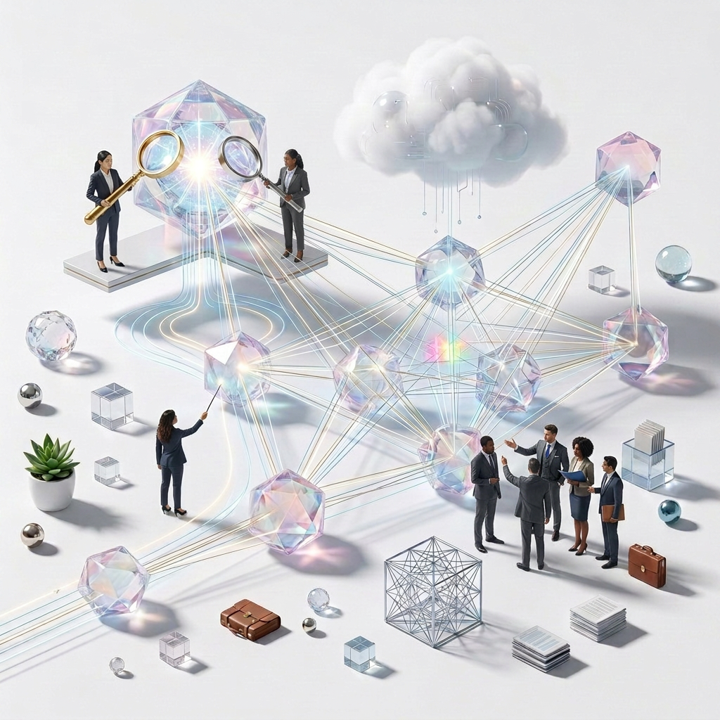 Business teams examining an interconnected network of crystalline data nodes