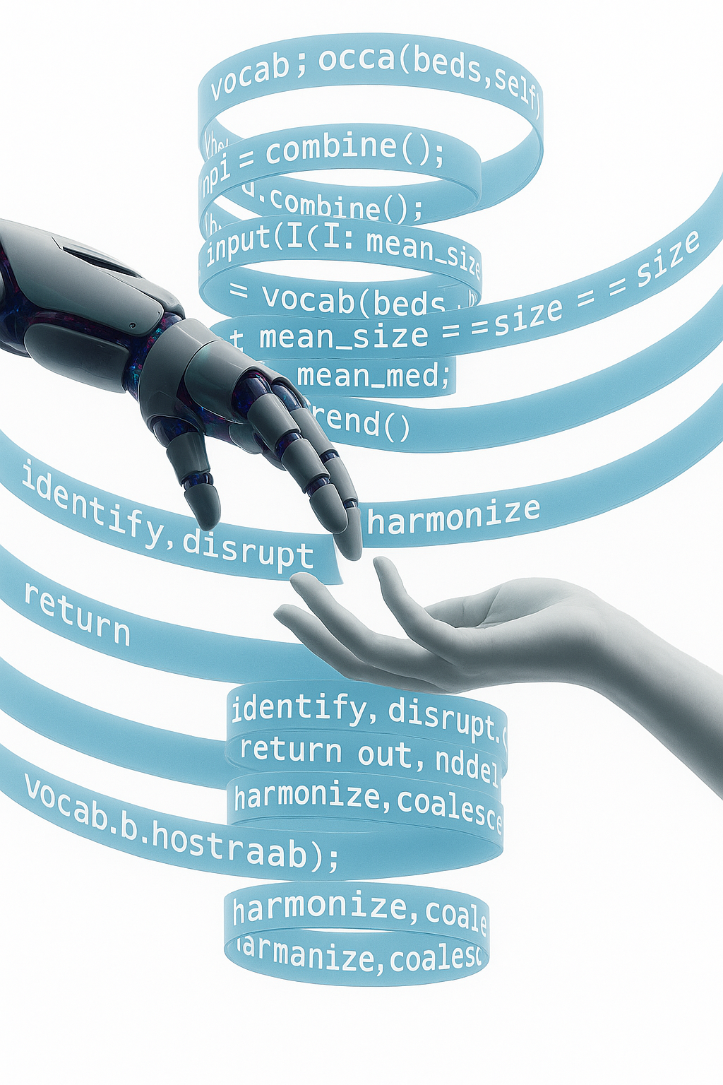 Robot and human hand connect through flowing code