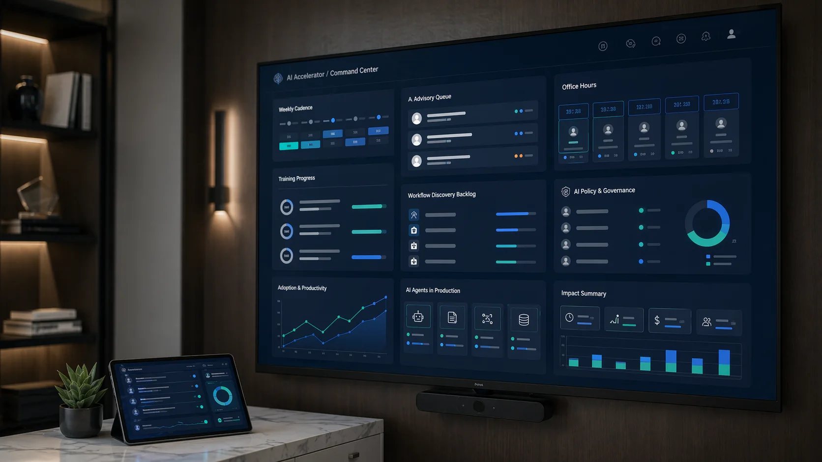 AI Accelerator command center showing training cadence, advisory queue, office hours, governance, agents, and impact metrics