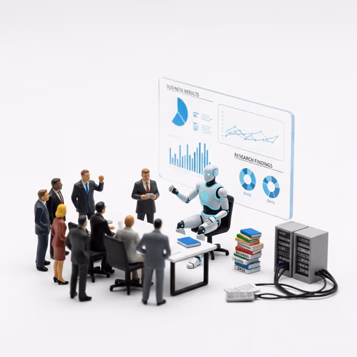AI assistant handing a business professional research summaries and recommendations, illustrating ongoing AI-powered support