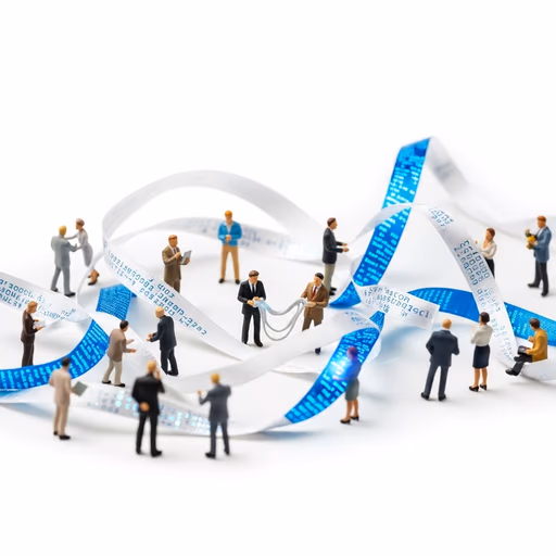 Miniature figures of business professionals surrounded by intersecting AI and technology ribbons, representing bootcamp participants integrating AI into their work