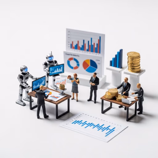 AI robot assistants delivering research, charts, and decisions to a diverse business team gathered around a table