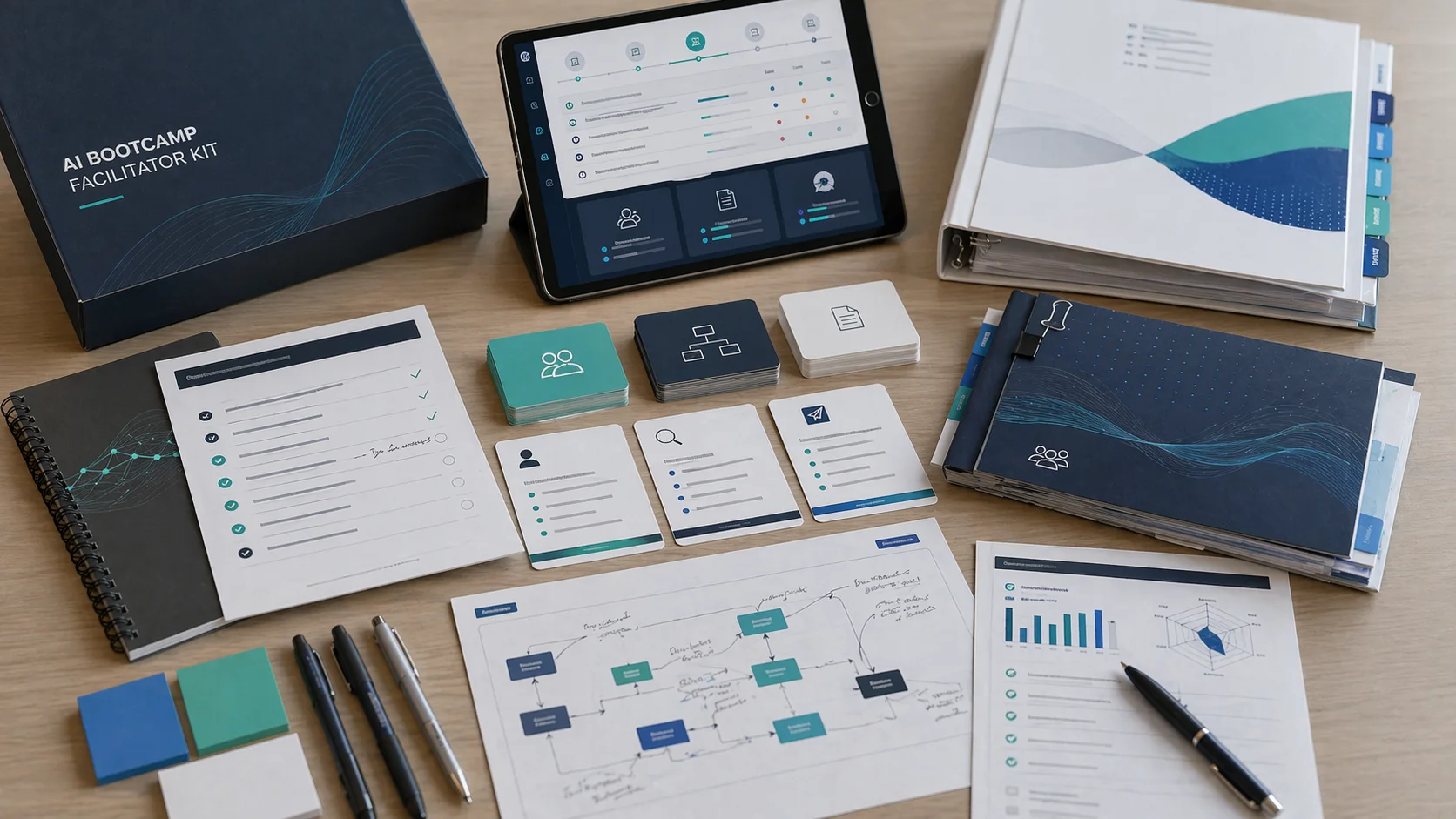 Kiingo AI bootcamp facilitator kit with workshop cards, assessment sheets, workflow map, binder, and tablet dashboard