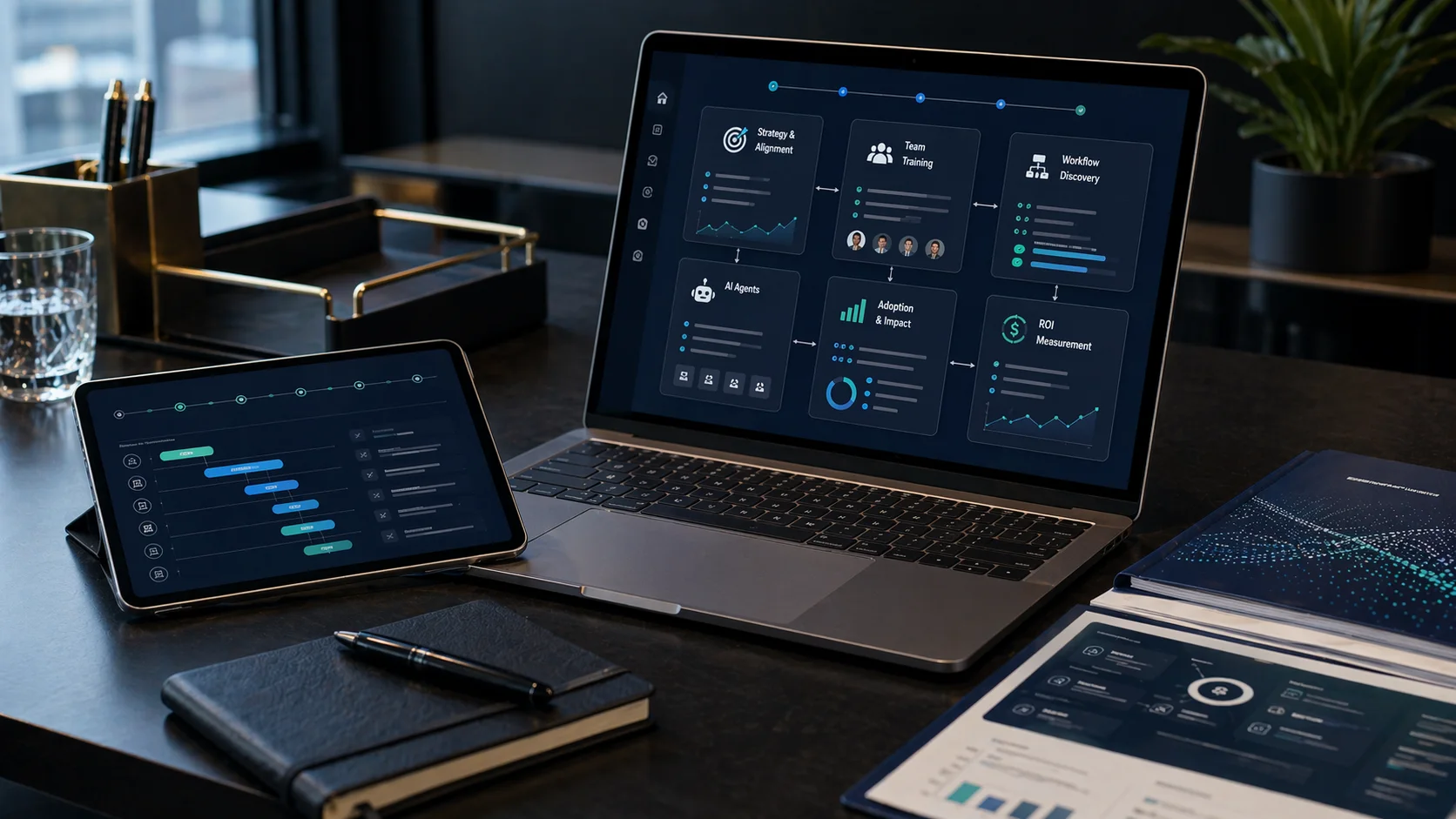 Executive AI operating model workspace with dashboards, workflow maps, and adoption artifacts