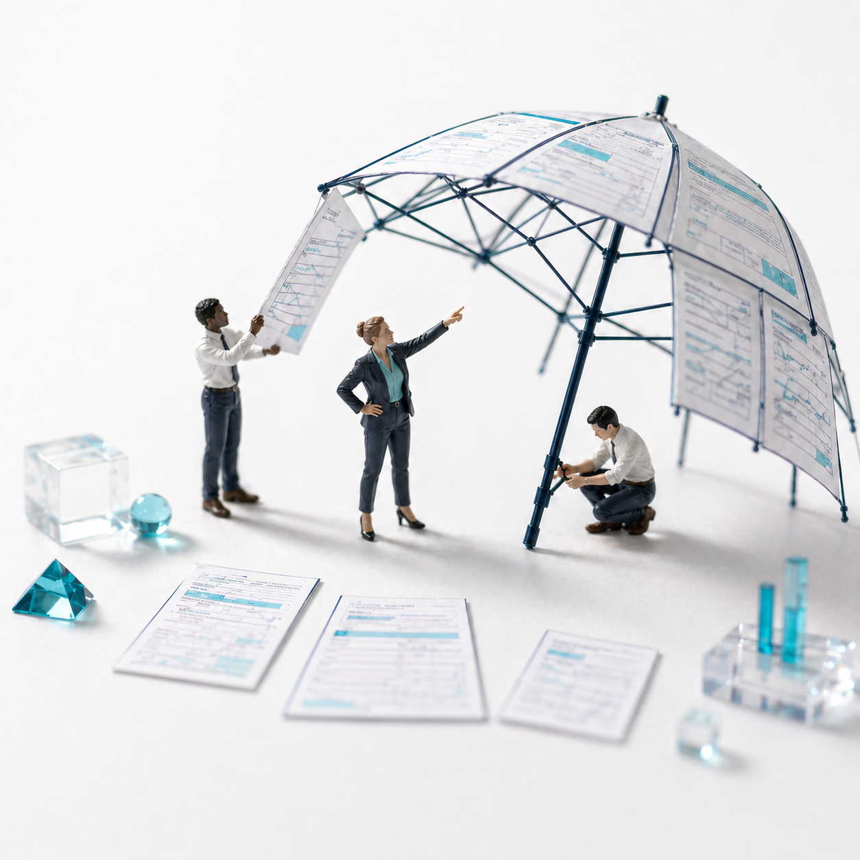 Insurance professionals collaborating with AI-assisted policy review and risk analysis tools