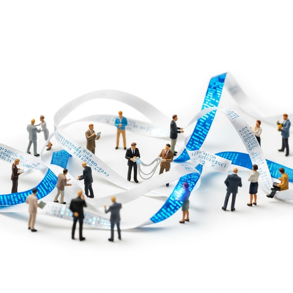 AI and technology ribbons surrounding miniature figures of private equity professionals collaborating
